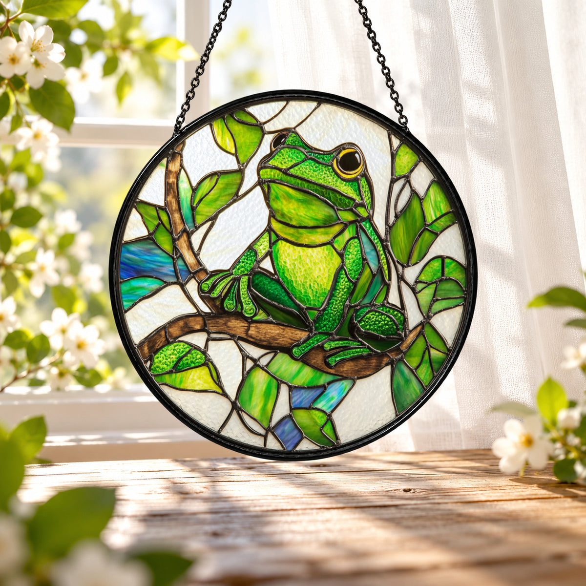 Green Tree Frog on Lily Pad stained glass window suncatcher – third gallery view