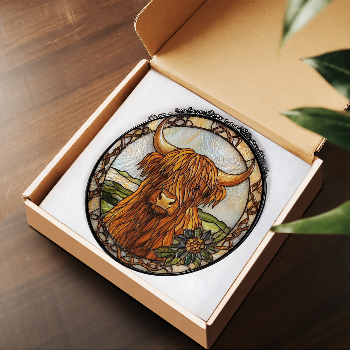 Highland Cow with Wildflowers stained glass suncatcher – flat printed artwork design