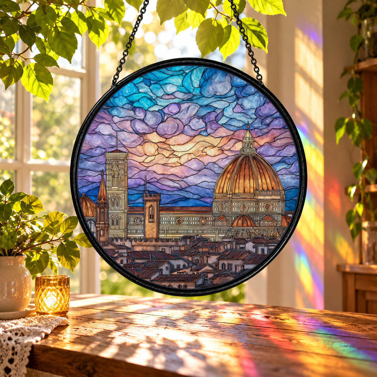 Historic European City at Sunset stained glass suncatcher window hanging – front design view