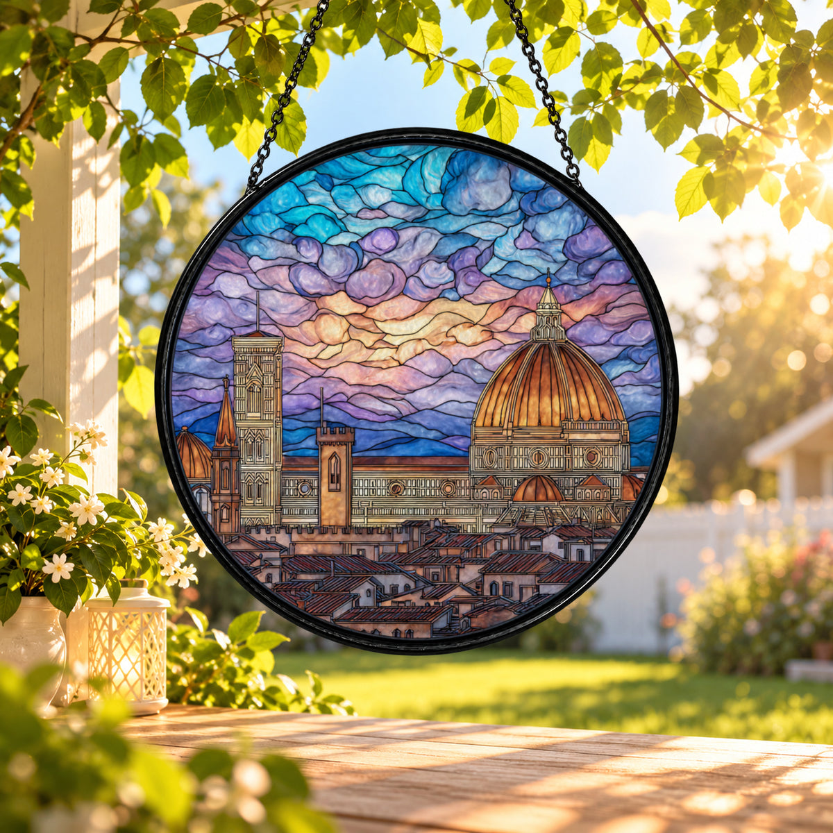 Historic European City at Sunset stained glass window suncatcher – third gallery view