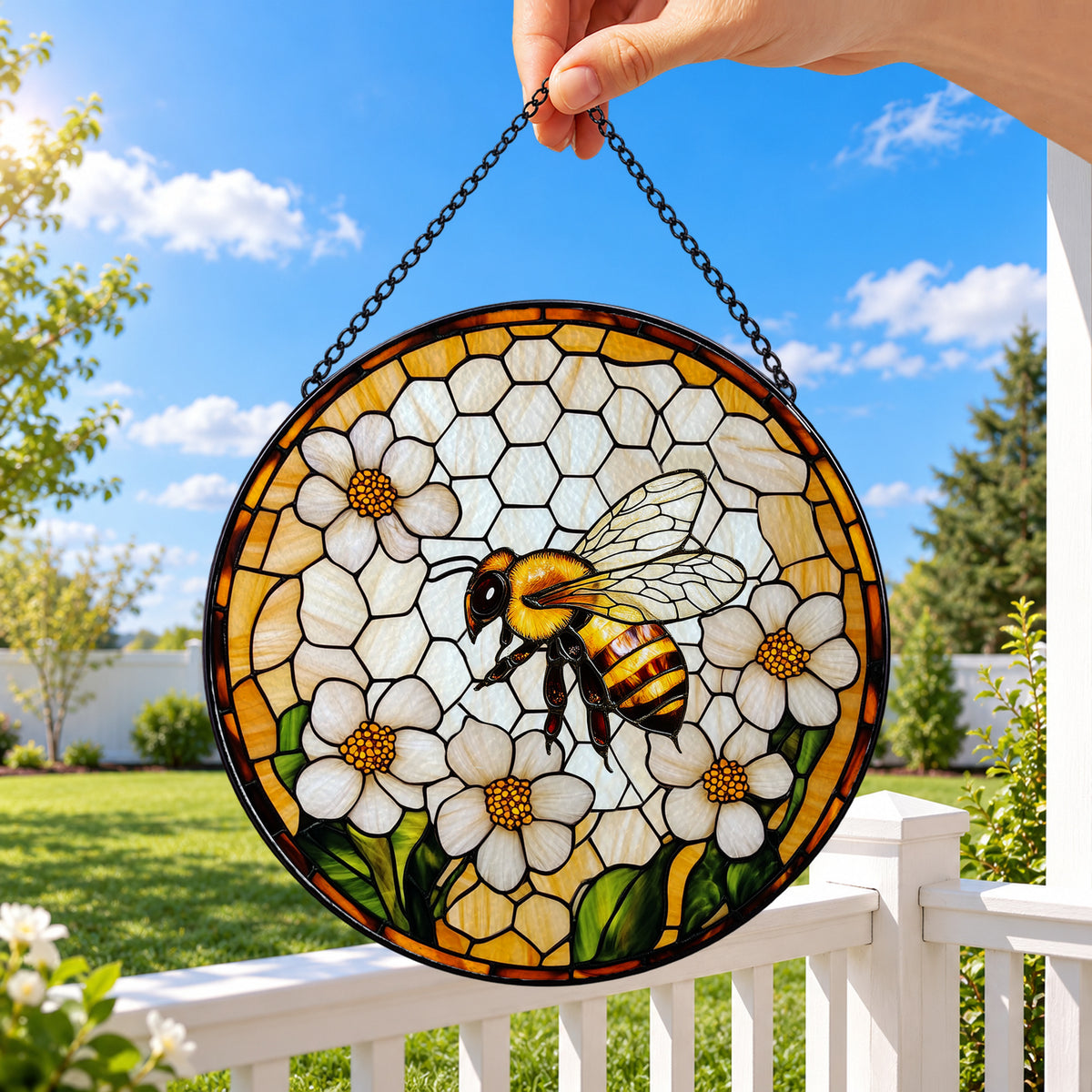 Honeybee on White Daisy Flower round stained glass window hanging – second gallery view