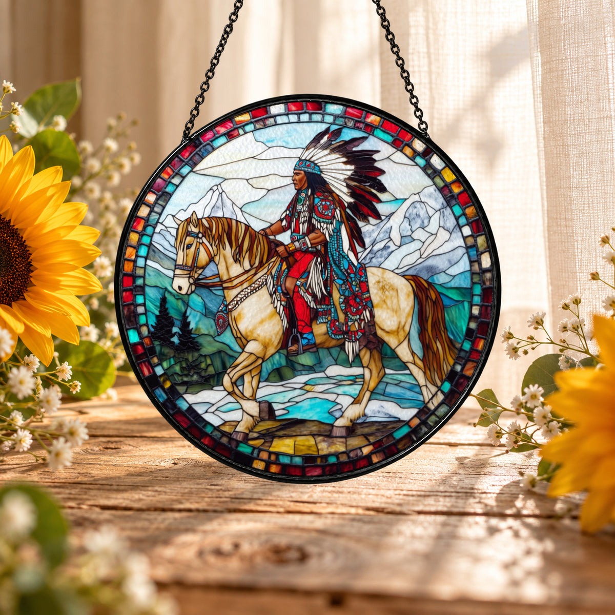 Horse and Rider in Western Scene stained glass suncatcher window hanging – front design view