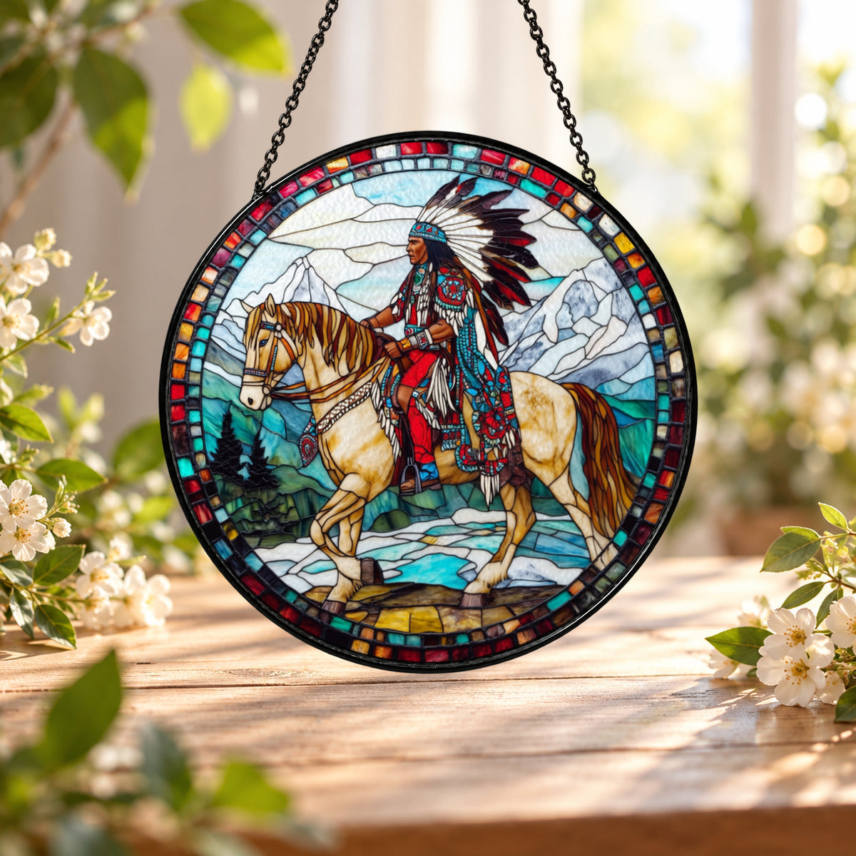Horse and Rider in Western Scene stained glass window suncatcher – third gallery view
