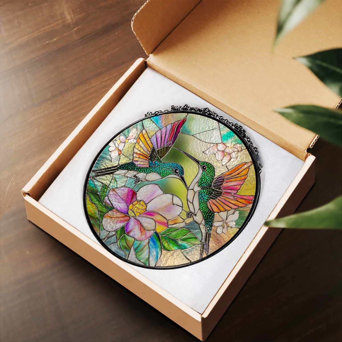 Hummingbird with Tropical Pink Flowers stained glass suncatcher – flat printed artwork design