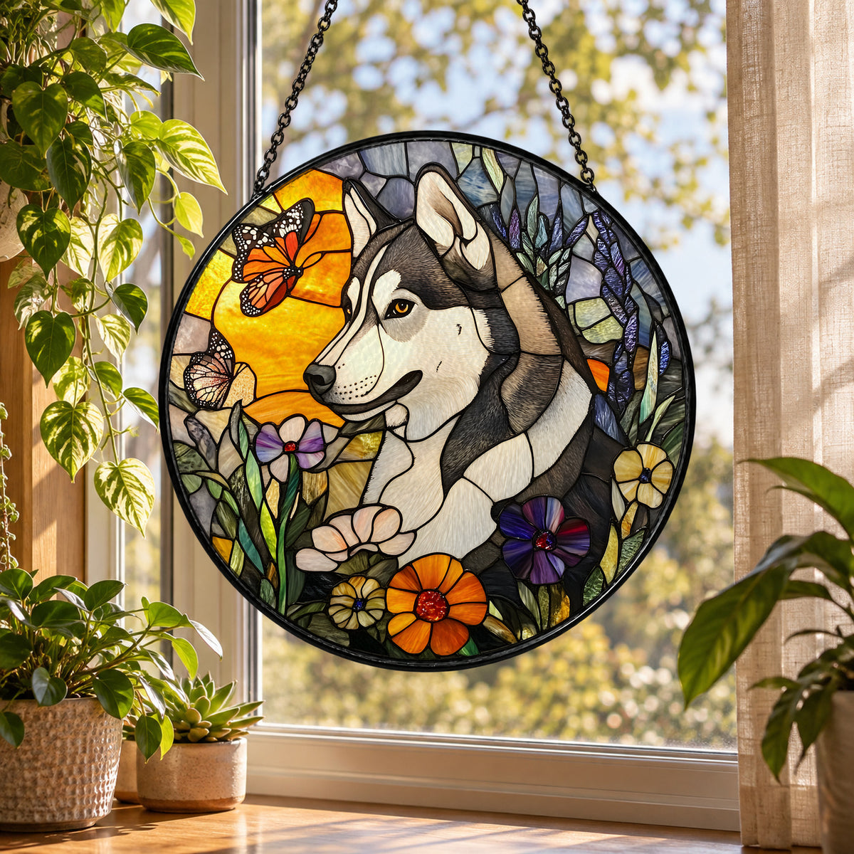Husky Dog with Fall Pumpkin stained glass suncatcher window hanging – front design view