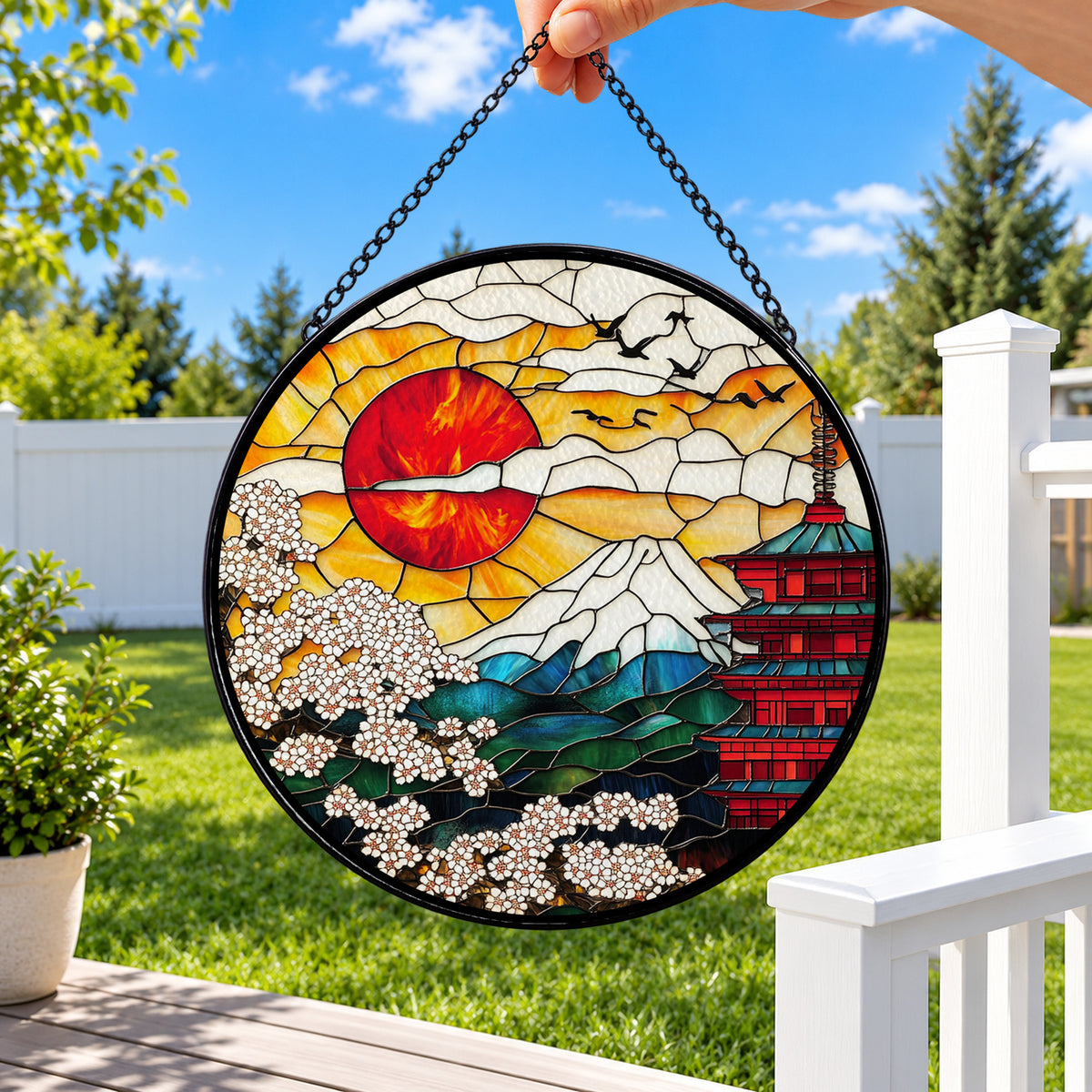 Japanese Sunset Waves and Pagoda round stained glass window hanging – second gallery view