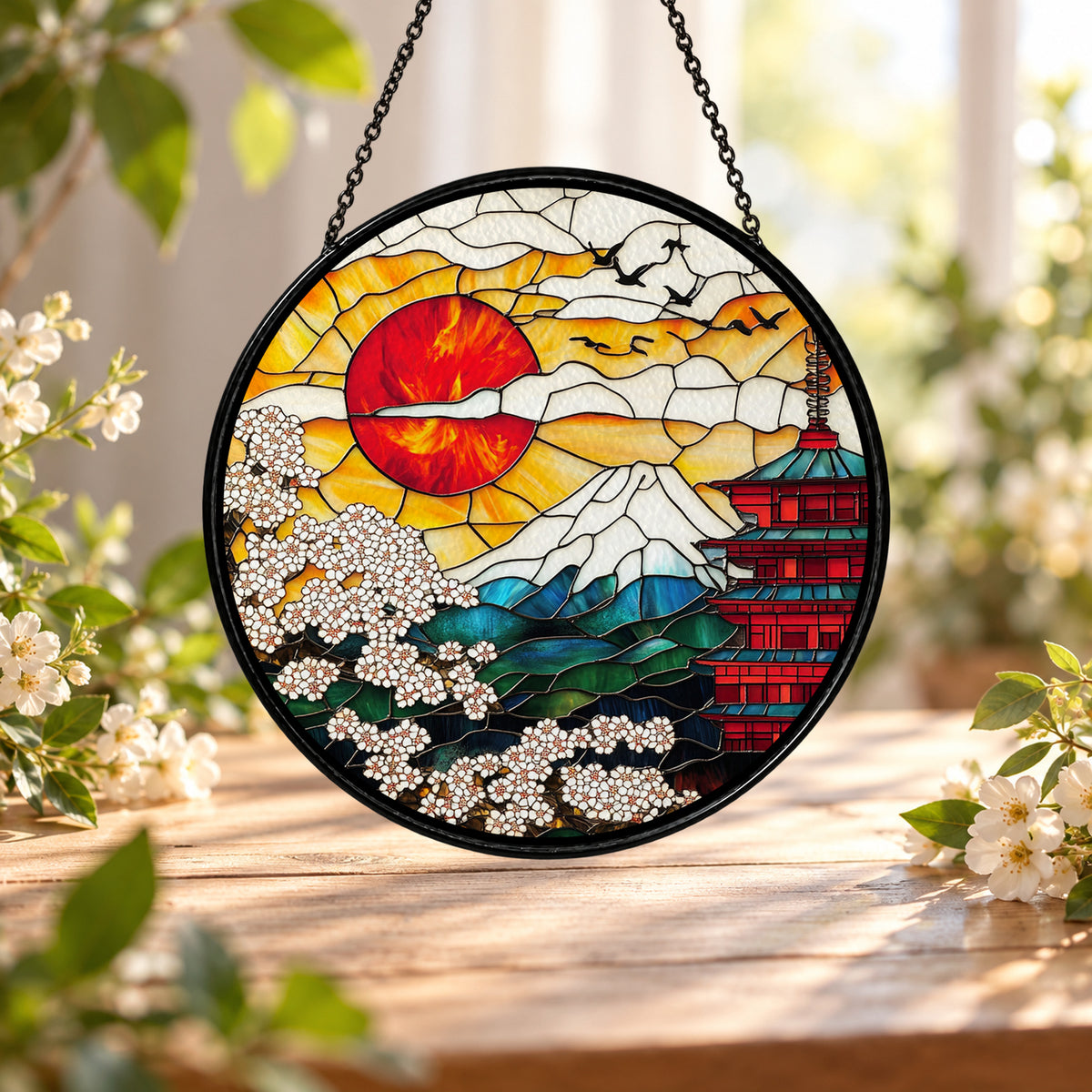 Japanese Sunset Waves and Pagoda stained glass window suncatcher – third gallery view