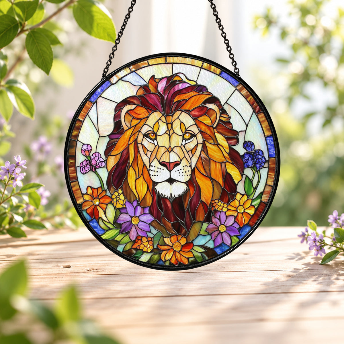 Lion Portrait with Wildflowers stained glass window suncatcher – third gallery view