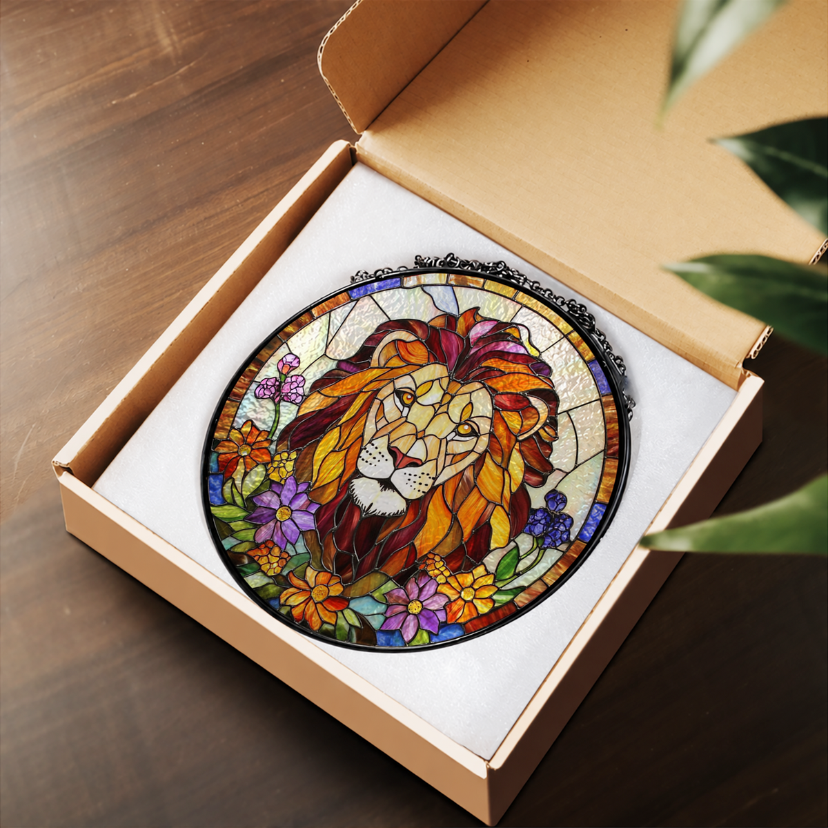 Lion Portrait with Wildflowers stained glass suncatcher – flat printed artwork design