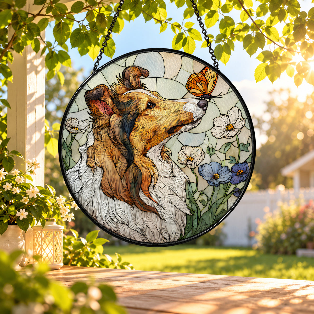 Long Haired Dog with Butterfly stained glass window suncatcher – third gallery view