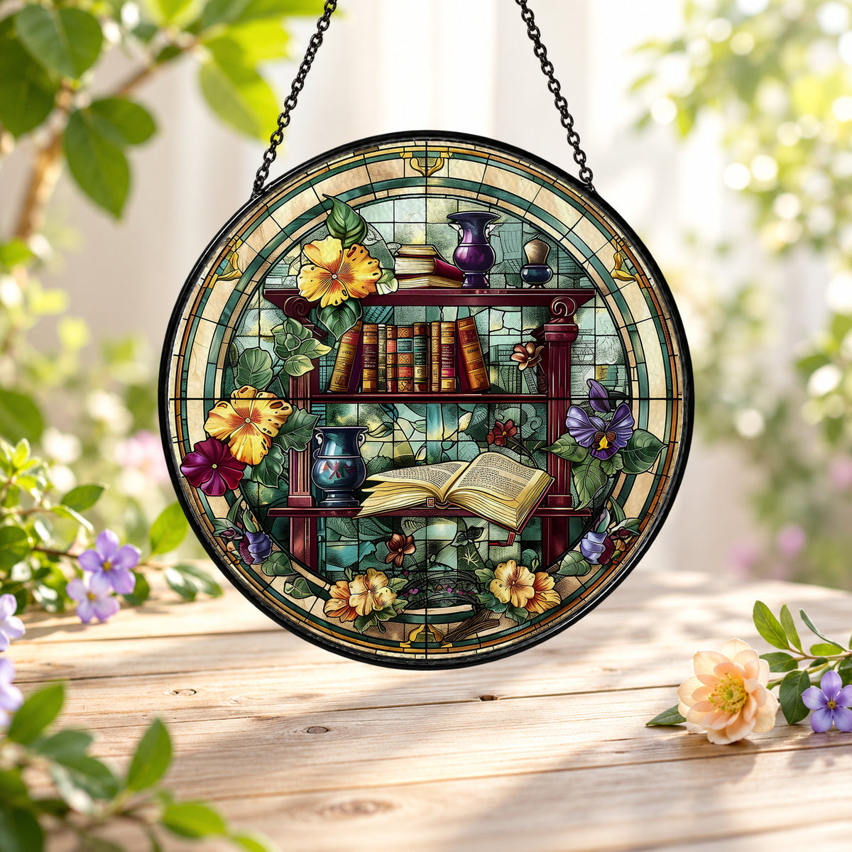 Magical Bookcase and Enchanted Books stained glass suncatcher window hanging – front design view
