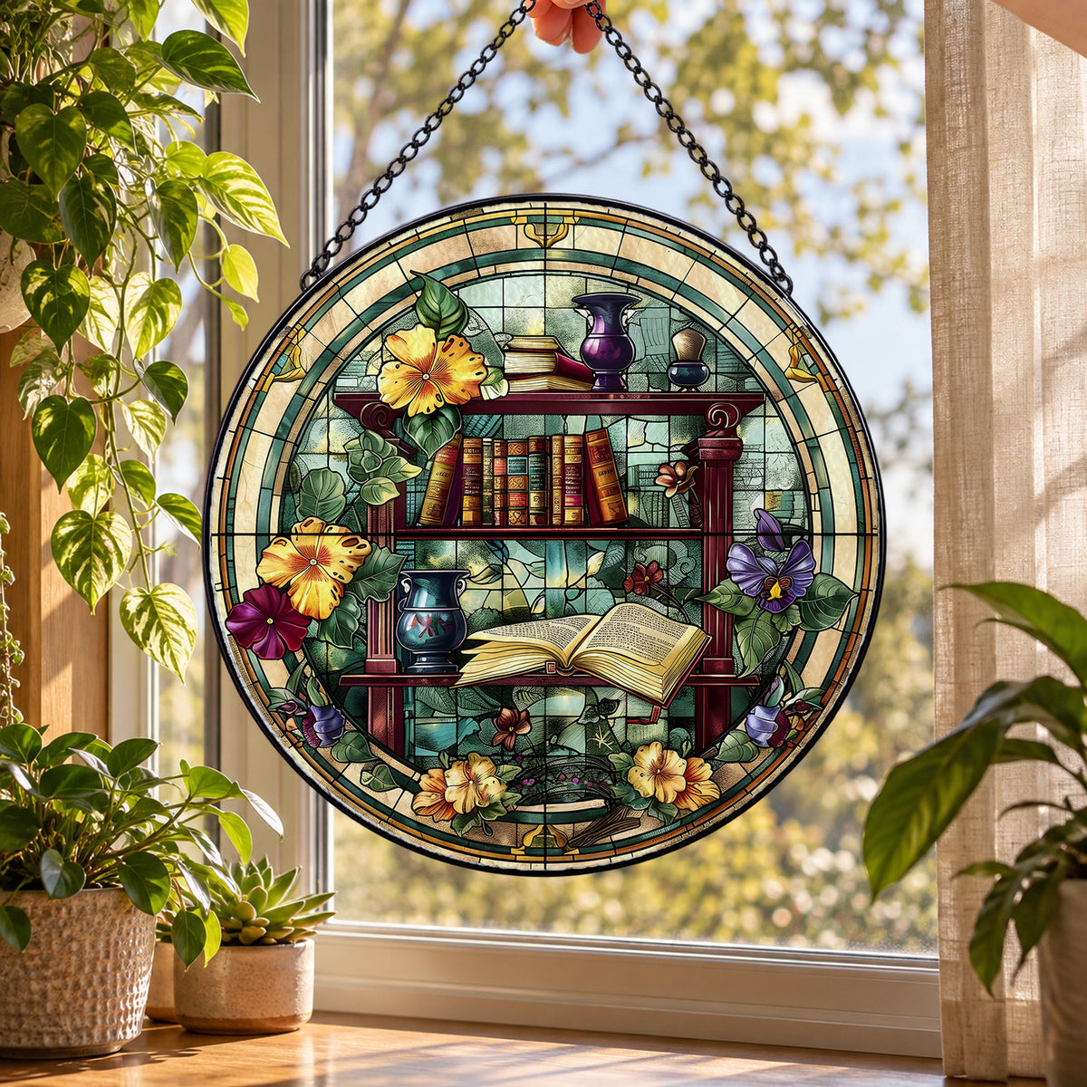 Magical Bookcase and Enchanted Books round stained glass window hanging – second gallery view