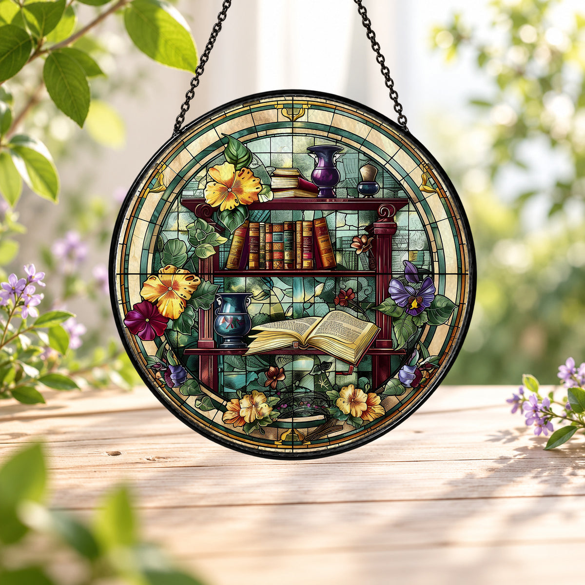 Magical Bookcase and Enchanted Books stained glass window suncatcher – third gallery view