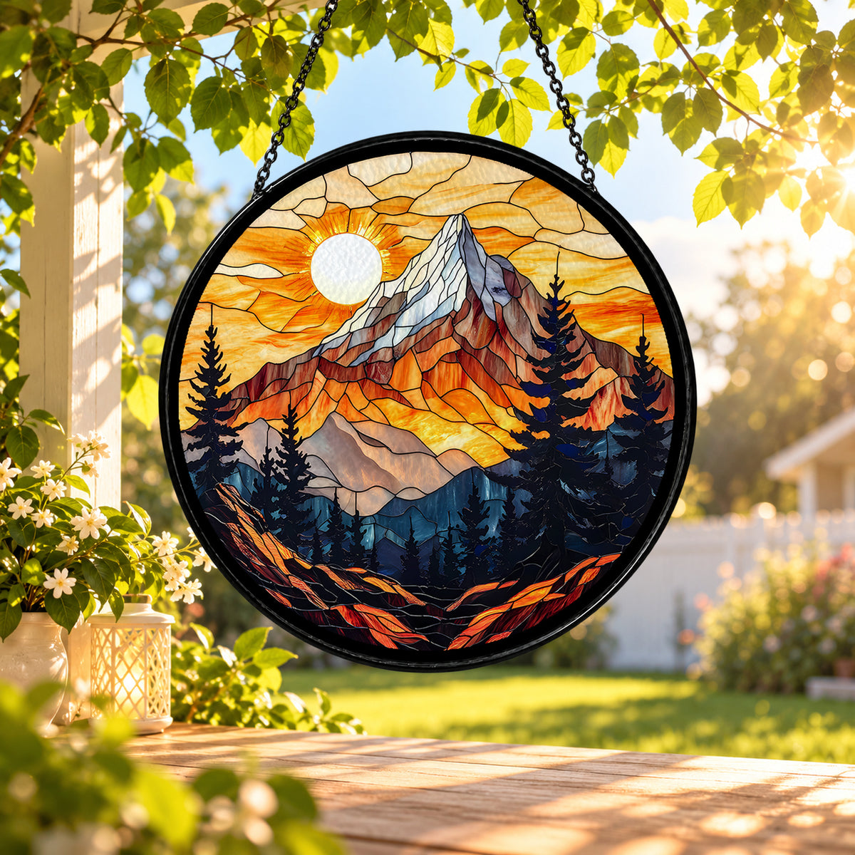Majestic Mountain Sunset and Forest stained glass window suncatcher – third gallery view