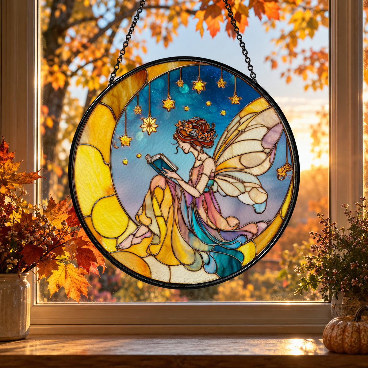 Moonlight Fairy with Lantern stained glass suncatcher window hanging – front design view