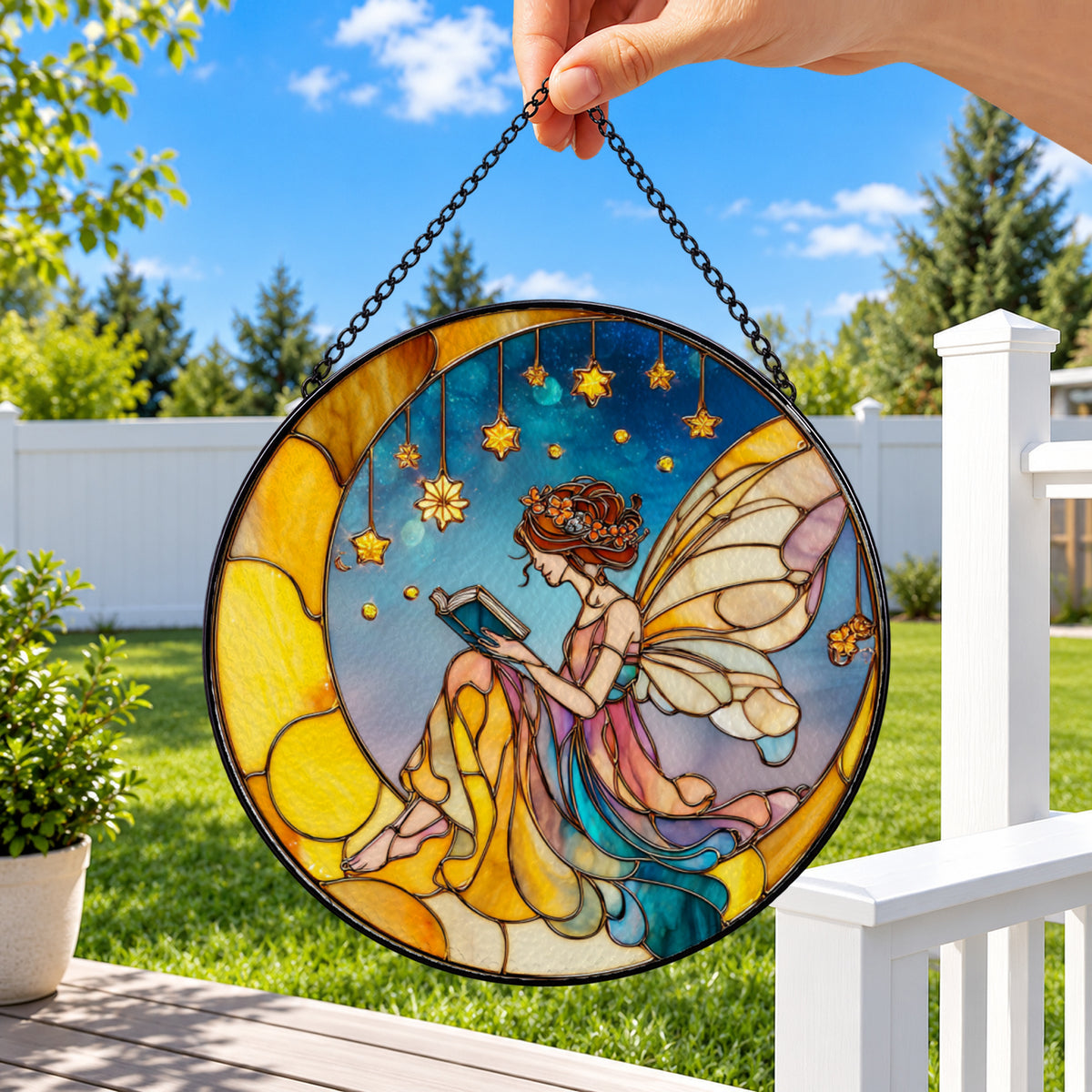 Moonlight Fairy with Lantern round stained glass window hanging – second gallery view