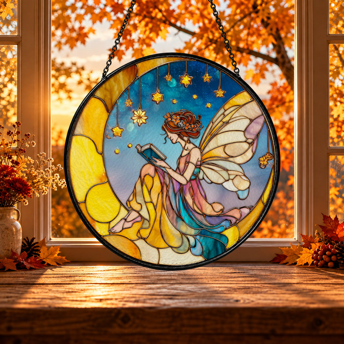 Moonlight Fairy with Lantern stained glass window suncatcher – third gallery view