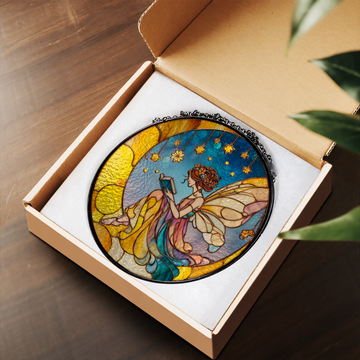 Moonlight Fairy with Lantern stained glass suncatcher – flat printed artwork design