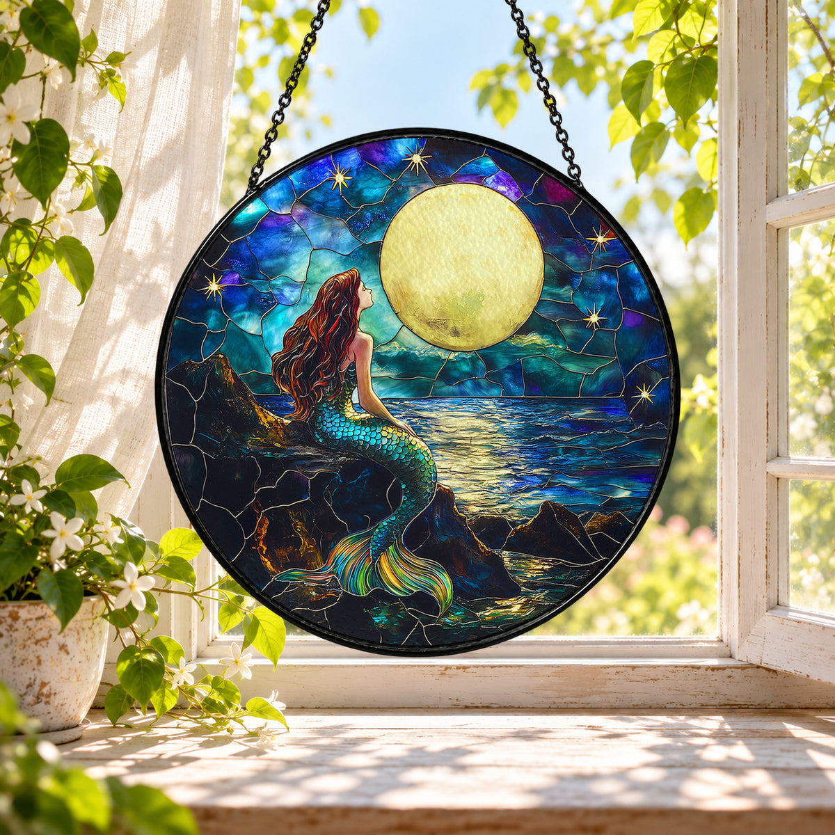 Moonlit Fairy by Ocean Water stained glass window suncatcher – third gallery view