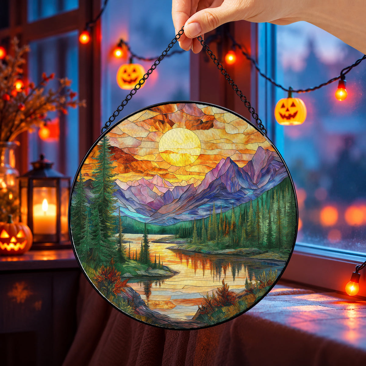 Mountain Lake beneath Bright Sunset round stained glass window hanging – second gallery view