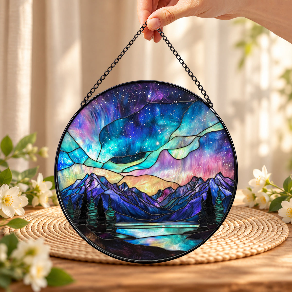 Northern Lights over Mountain Lake round stained glass window hanging – second gallery view