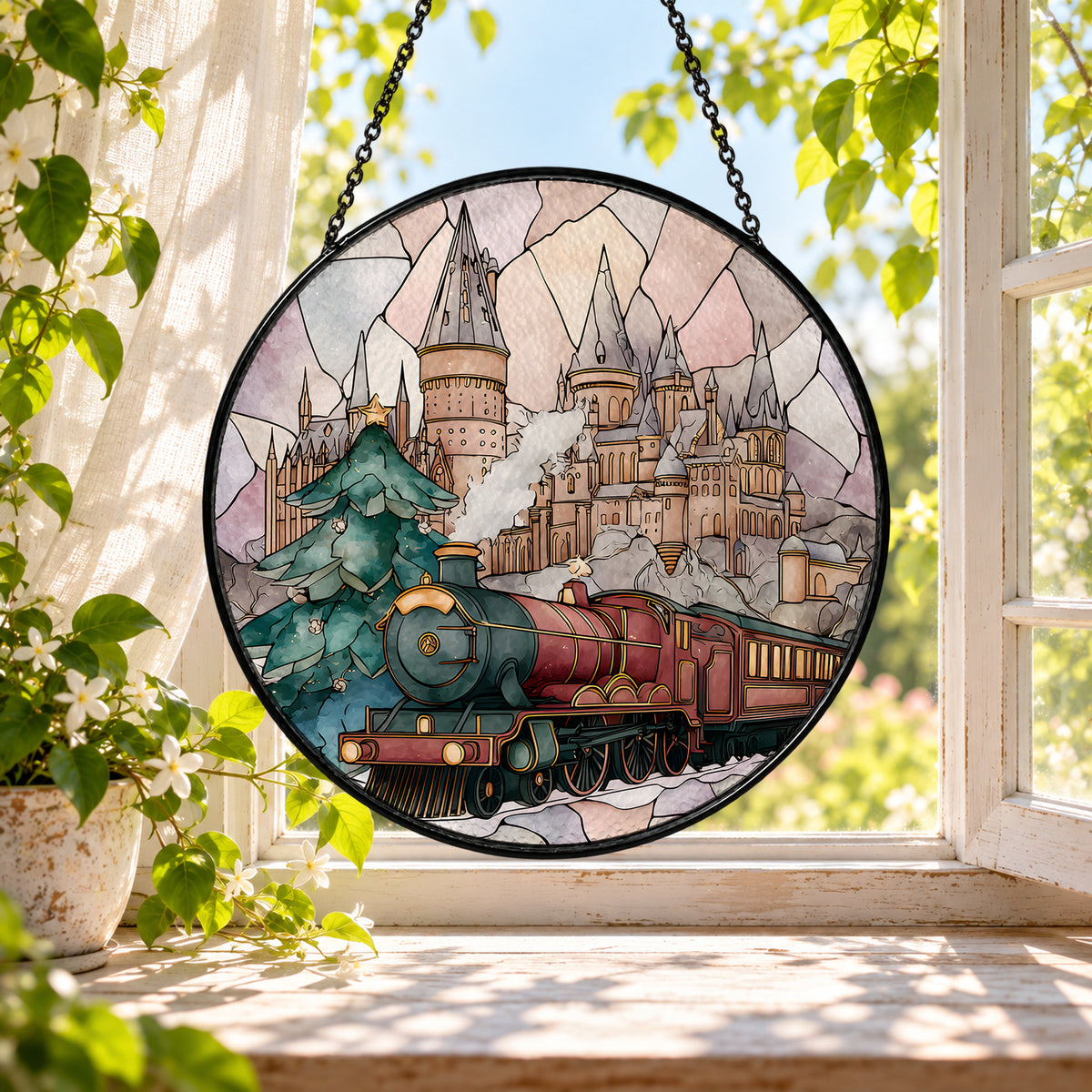 Old Steam Locomotive by Castle stained glass window suncatcher – third gallery view