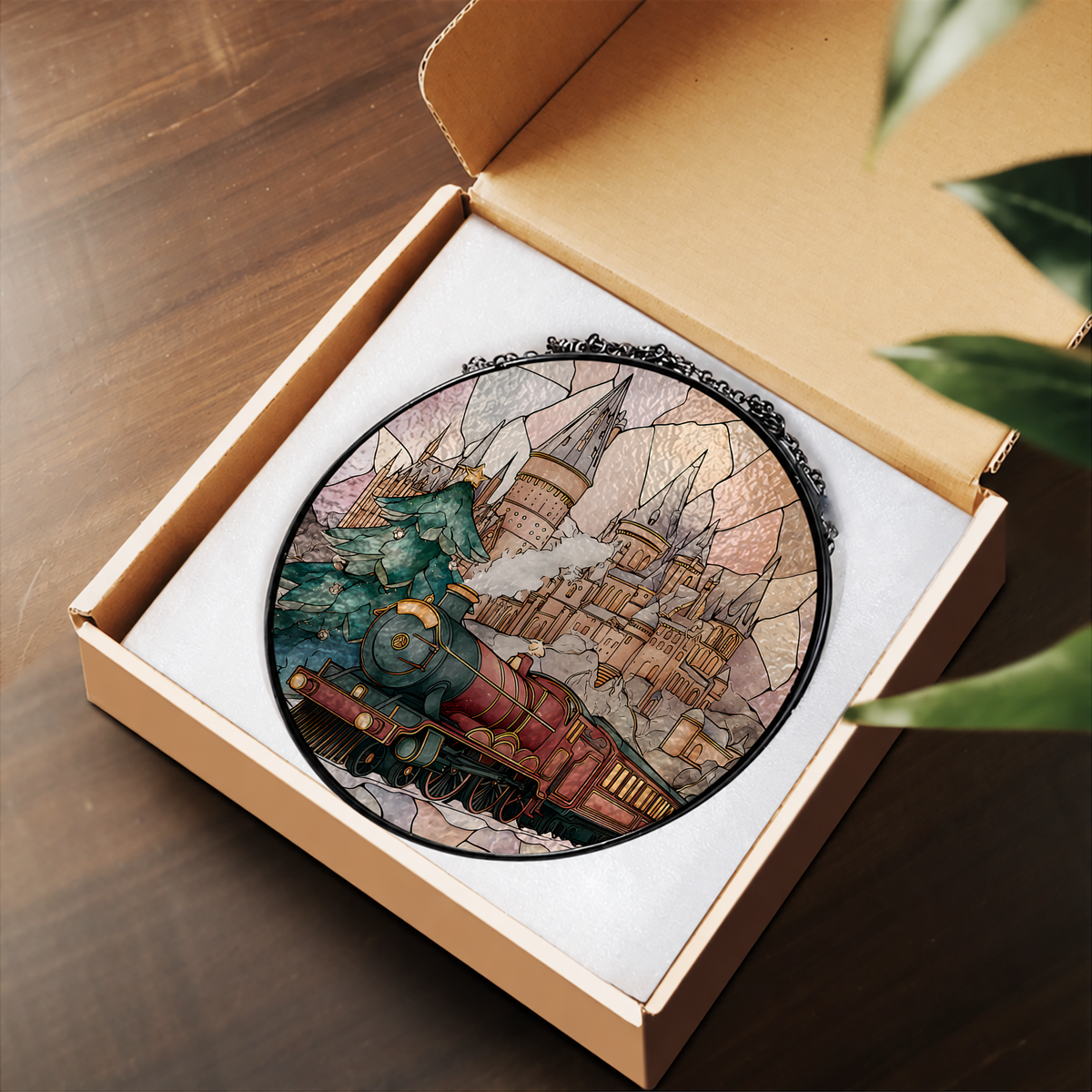 Old Steam Locomotive by Castle stained glass suncatcher – flat printed artwork design