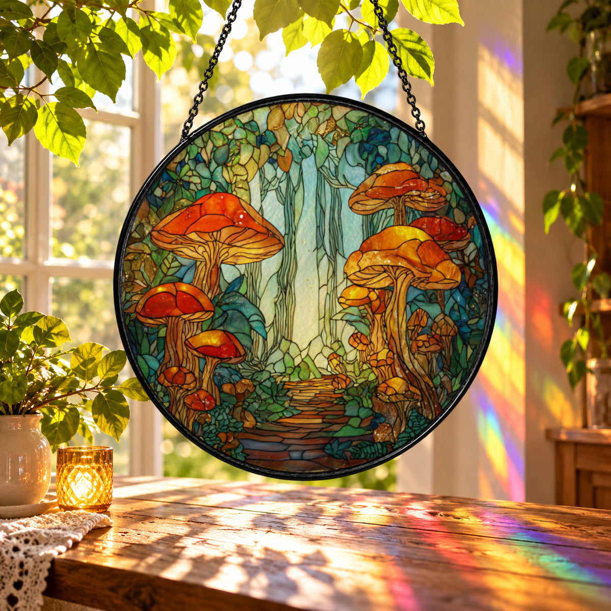 Orange Mushroom Forest Scene stained glass suncatcher window hanging – front design view