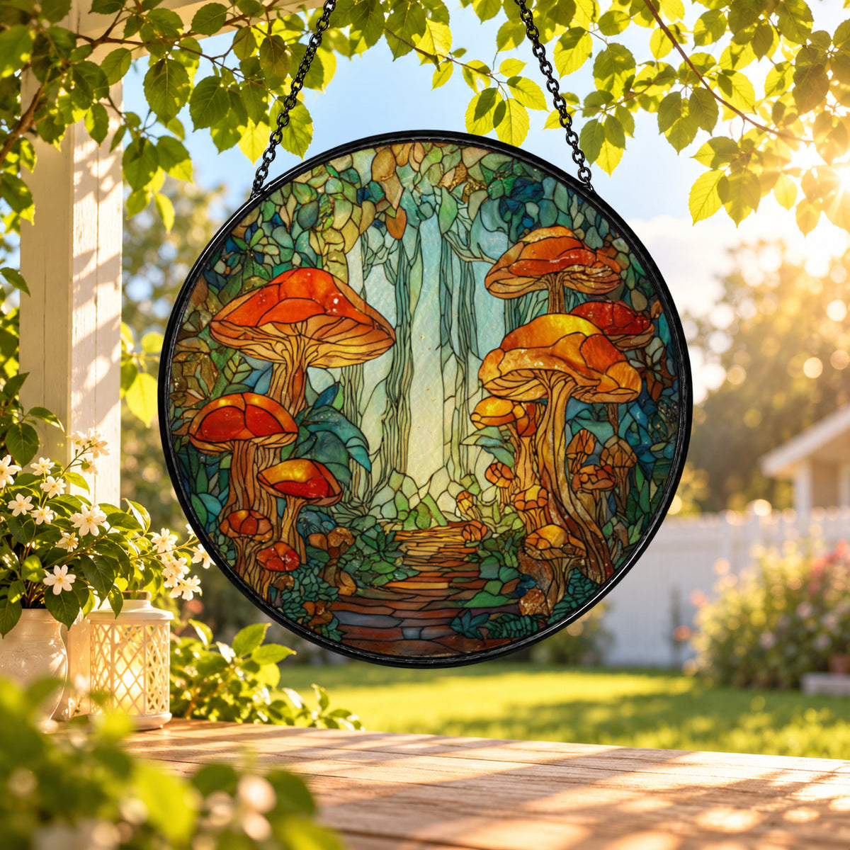 Orange Mushroom Forest Scene stained glass window suncatcher – third gallery view