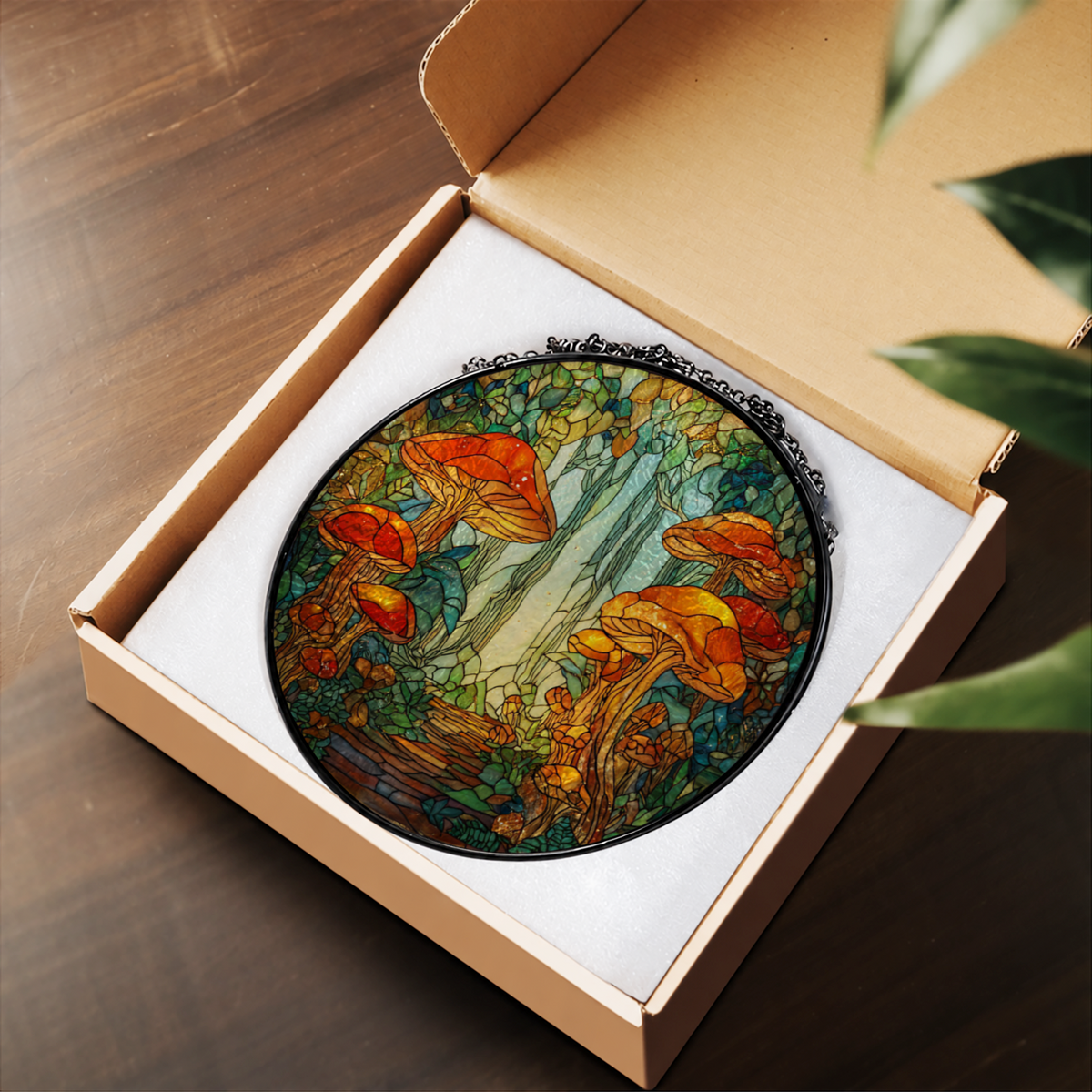 Orange Mushroom Forest Scene stained glass suncatcher – flat printed artwork design