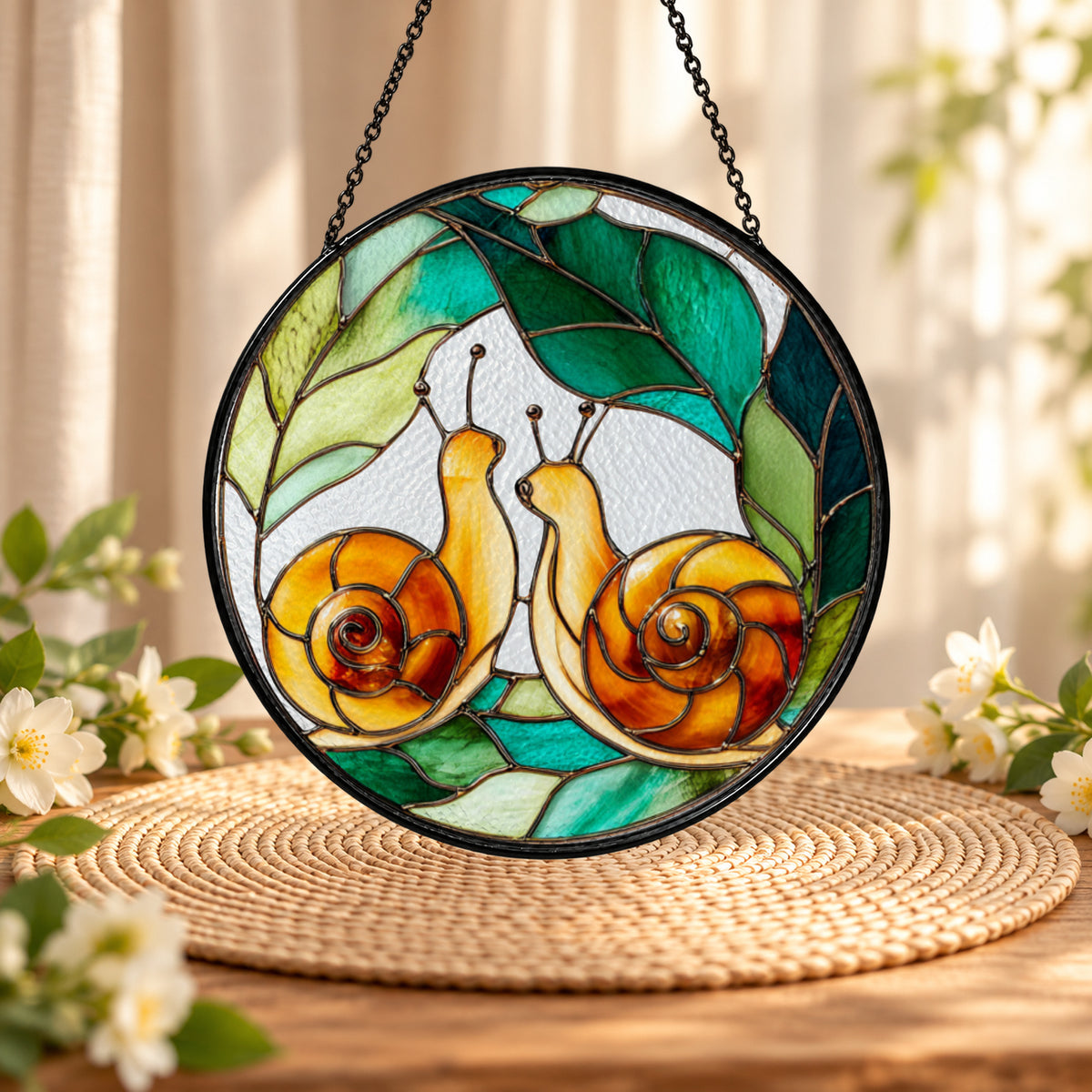 Pair of Garden Snails on Leaves stained glass suncatcher window hanging – front design view
