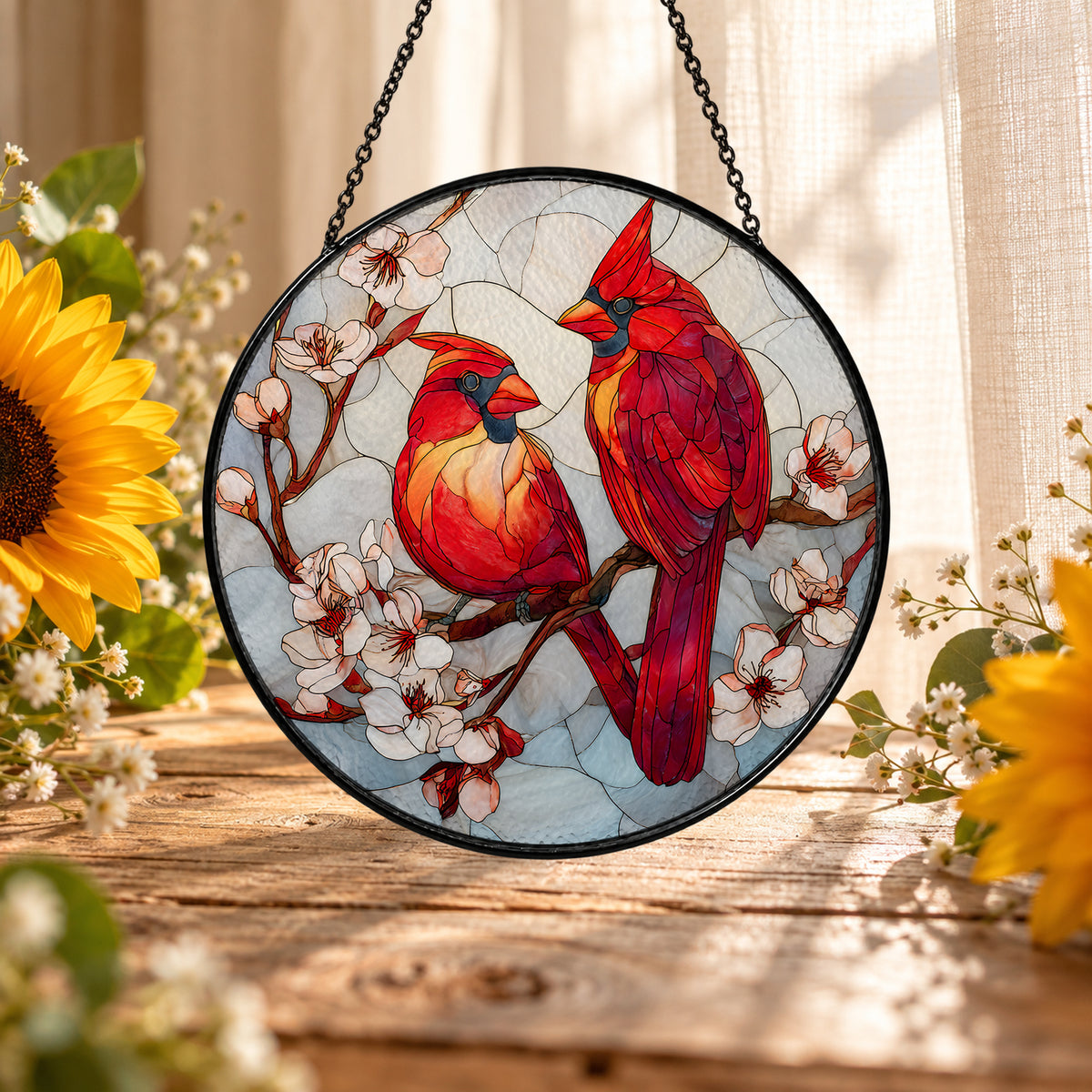 Pair of Red Cardinals on Blossom Branch stained glass suncatcher window hanging – front design view