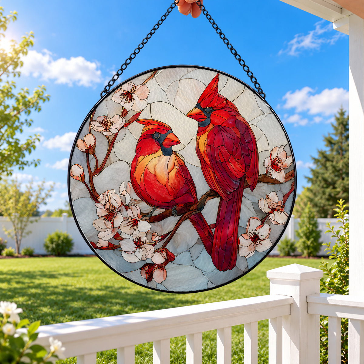 Pair of Red Cardinals on Blossom Branch round stained glass window hanging – second gallery view