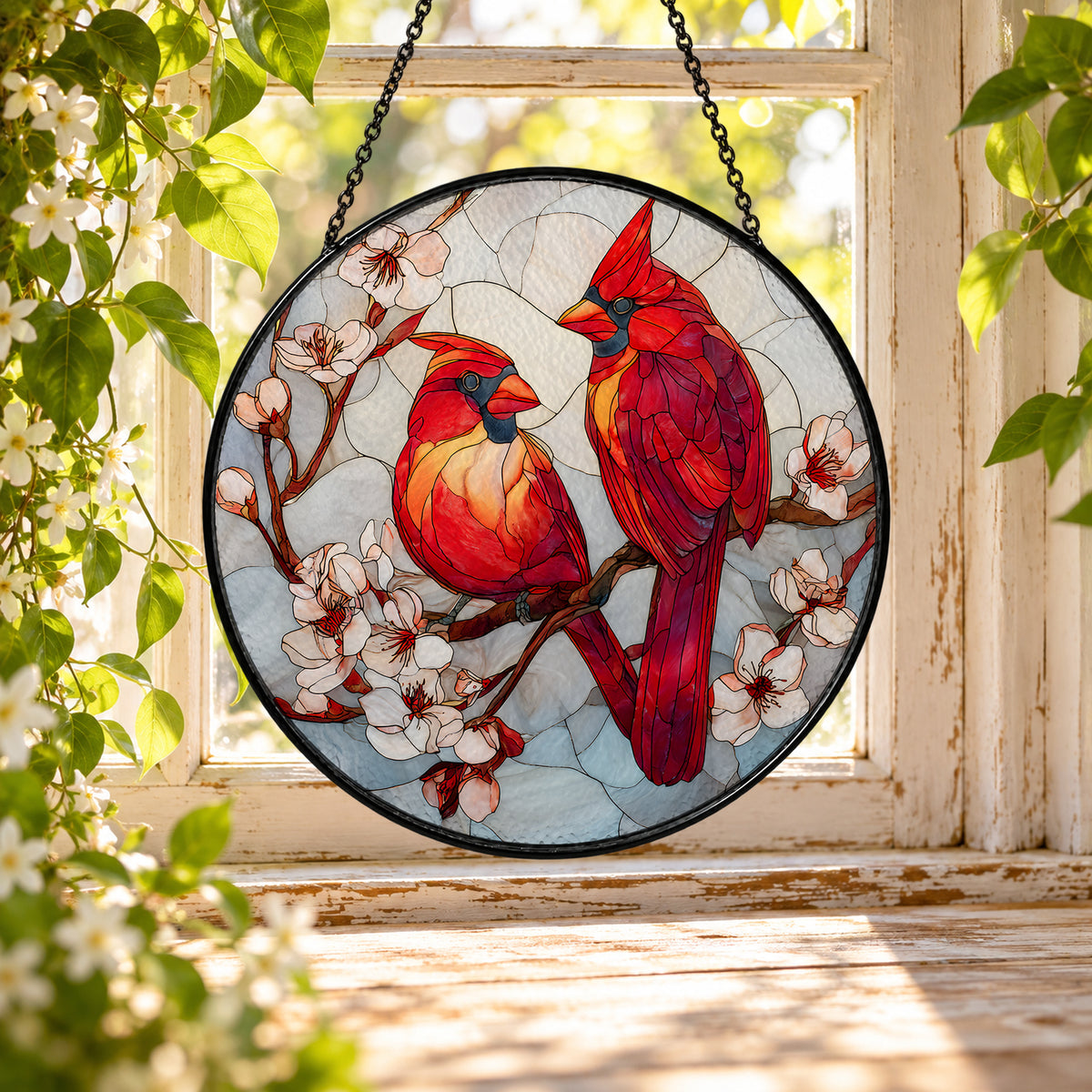Pair of Red Cardinals on Blossom Branch stained glass window suncatcher – third gallery view