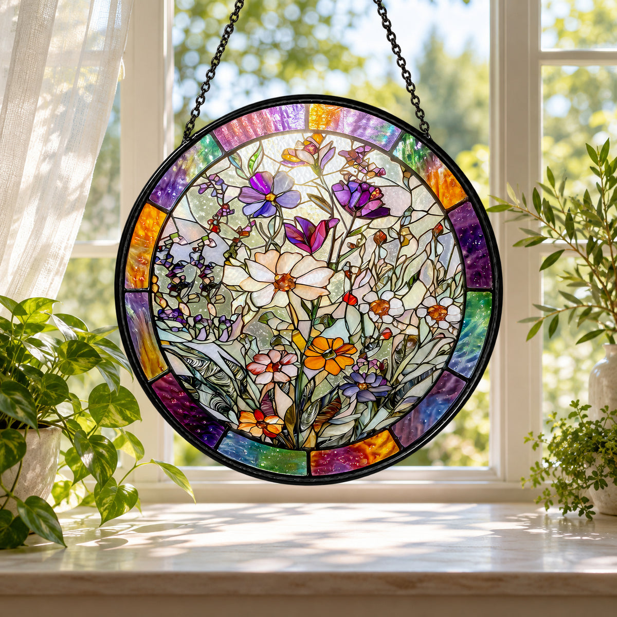 Pastel Butterflies and Garden Wildflowers stained glass window suncatcher – third gallery view