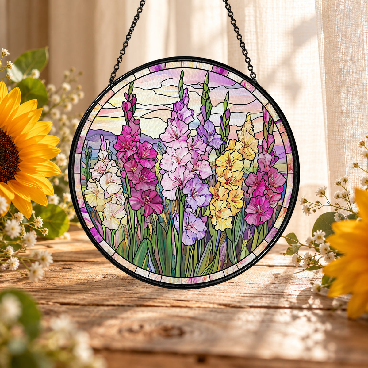 Pastel Snapdragons in Flower Garden stained glass suncatcher window hanging – front design view