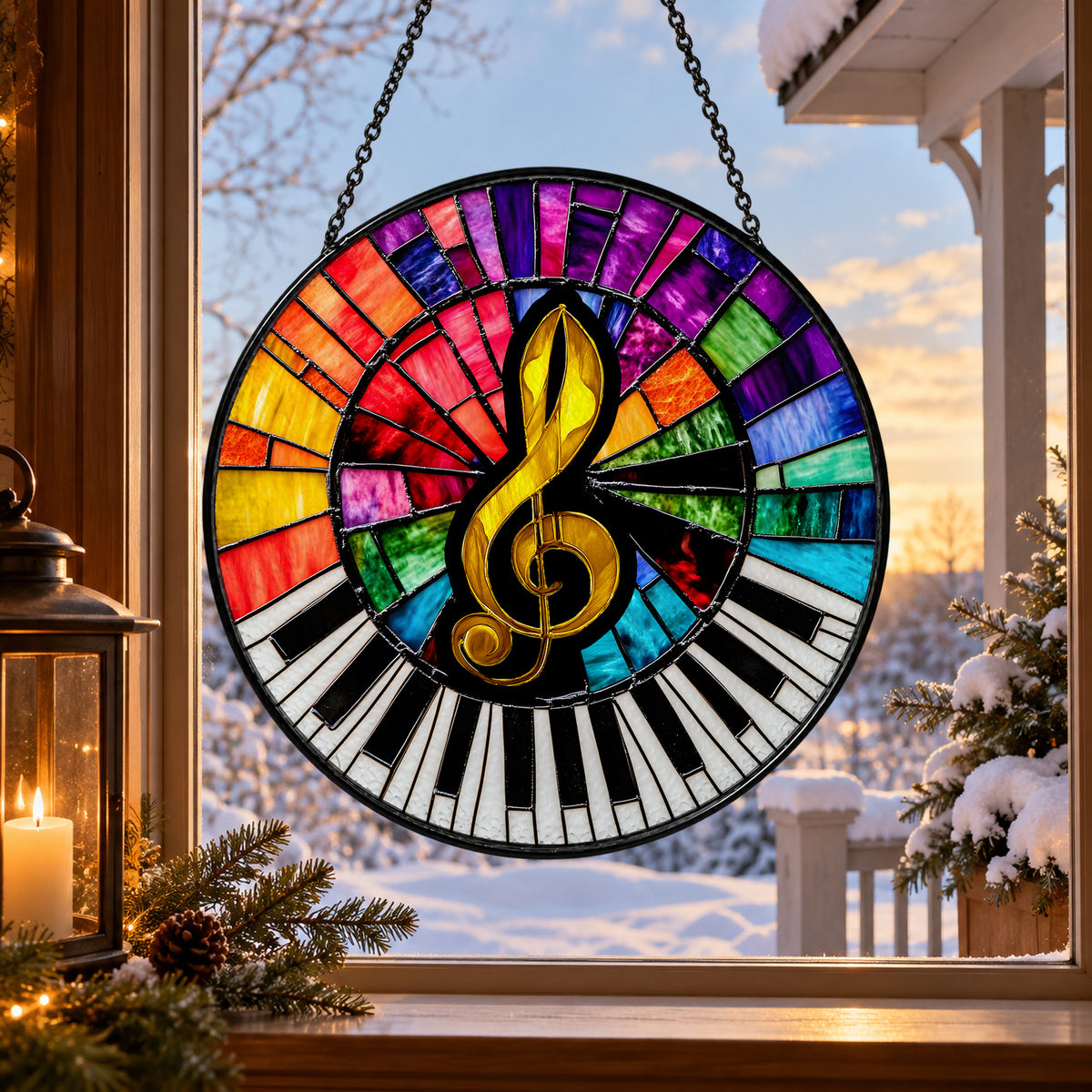 Piano Keys with Rainbow Treble Clef stained glass suncatcher window hanging – front design view