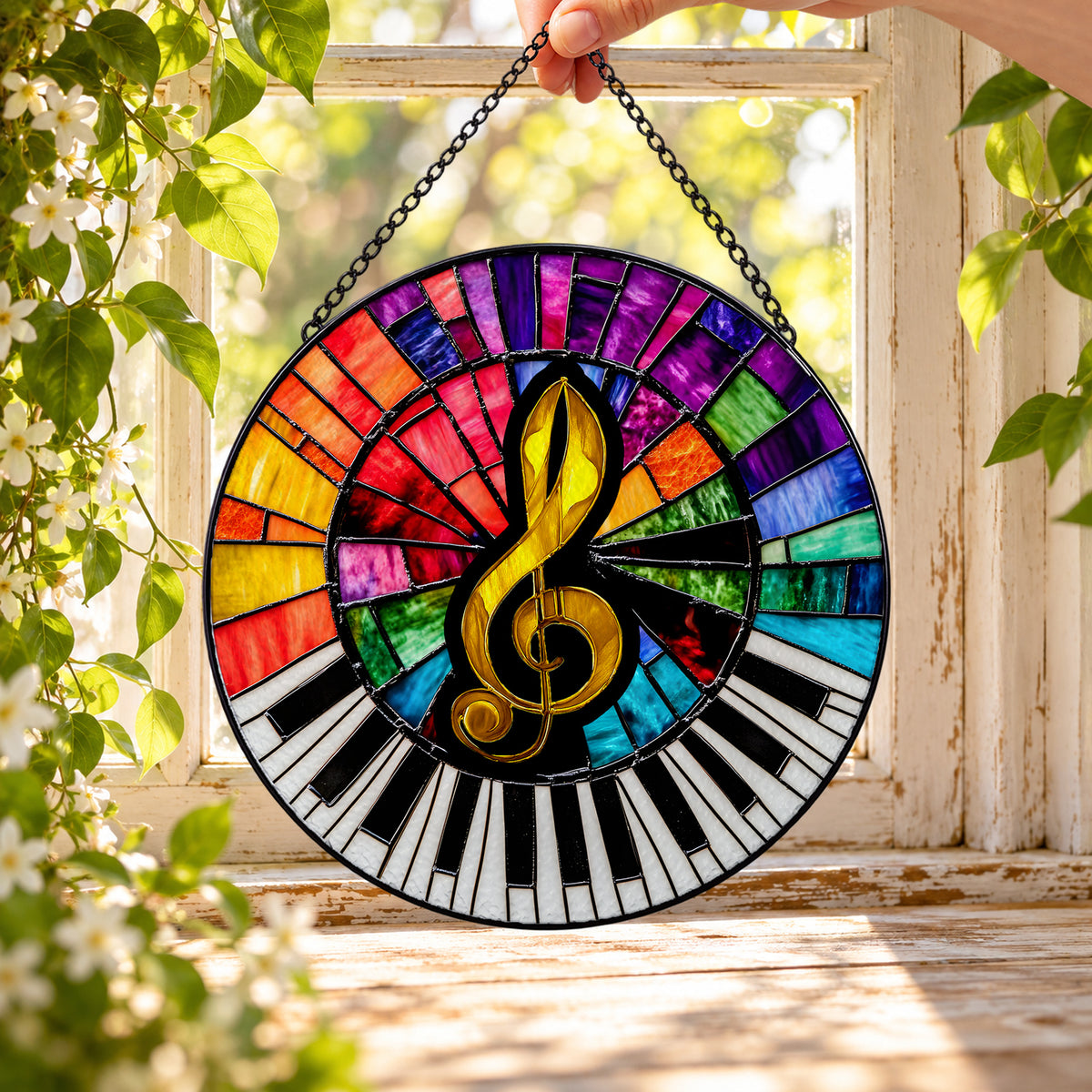 Piano Keys with Rainbow Treble Clef round stained glass window hanging – second gallery view
