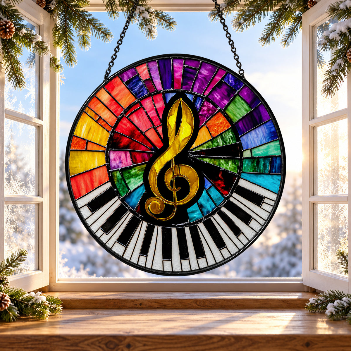 Piano Keys with Rainbow Treble Clef stained glass window suncatcher – third gallery view