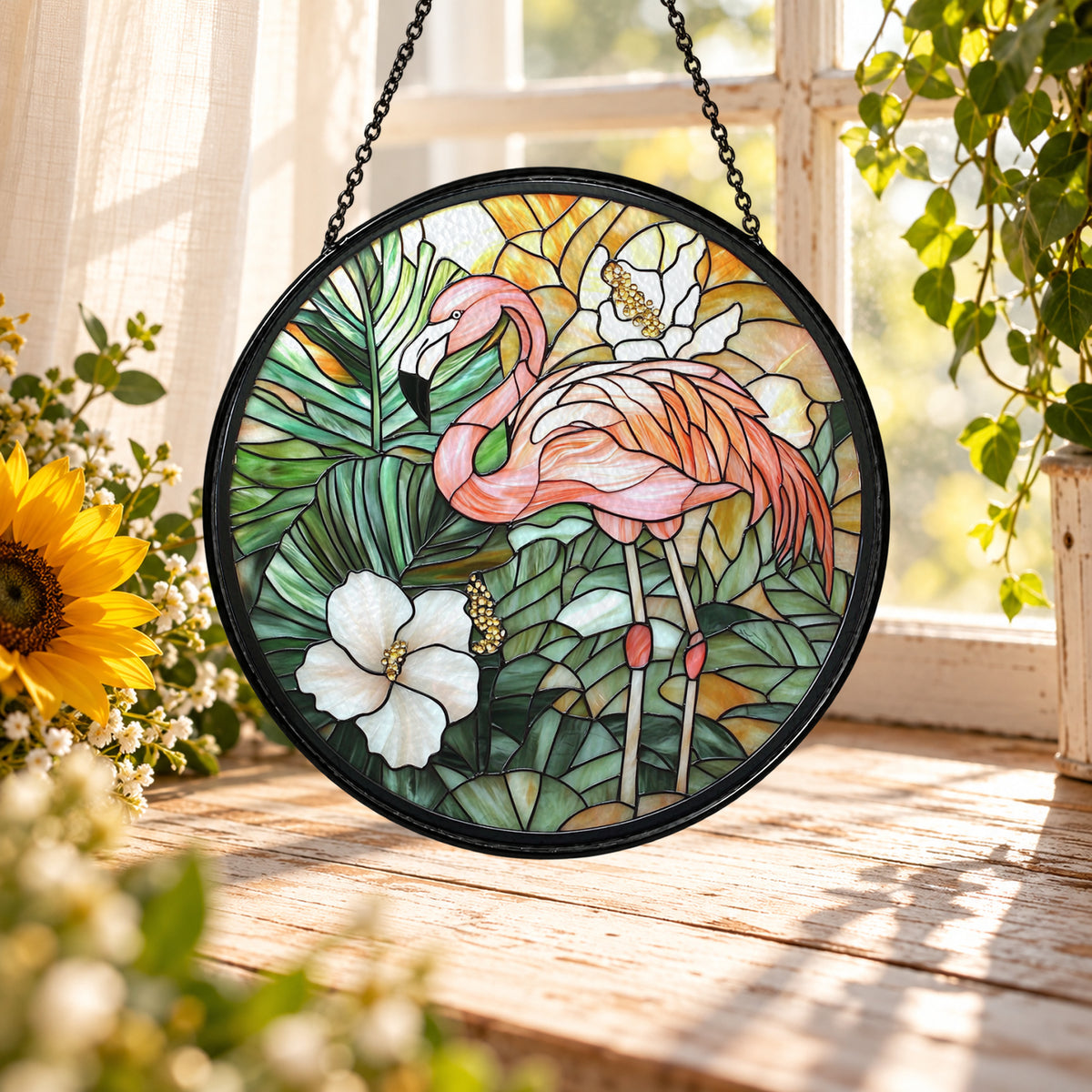 Pink Flamingo and White Hibiscus stained glass suncatcher window hanging – front design view