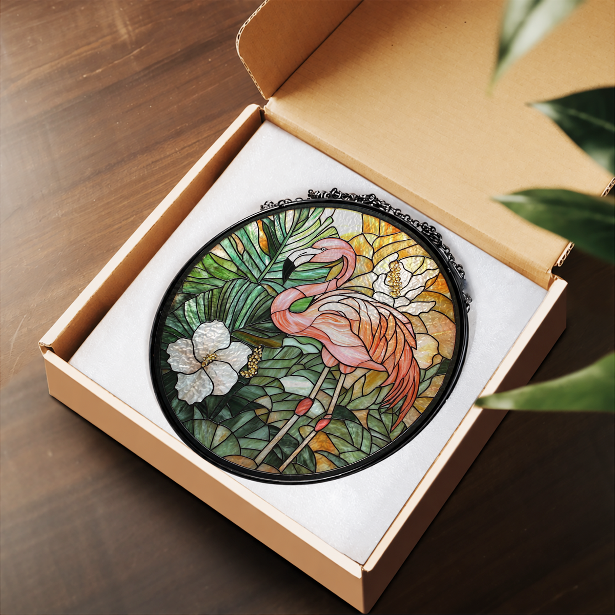 Pink Flamingo and White Hibiscus stained glass suncatcher – flat printed artwork design