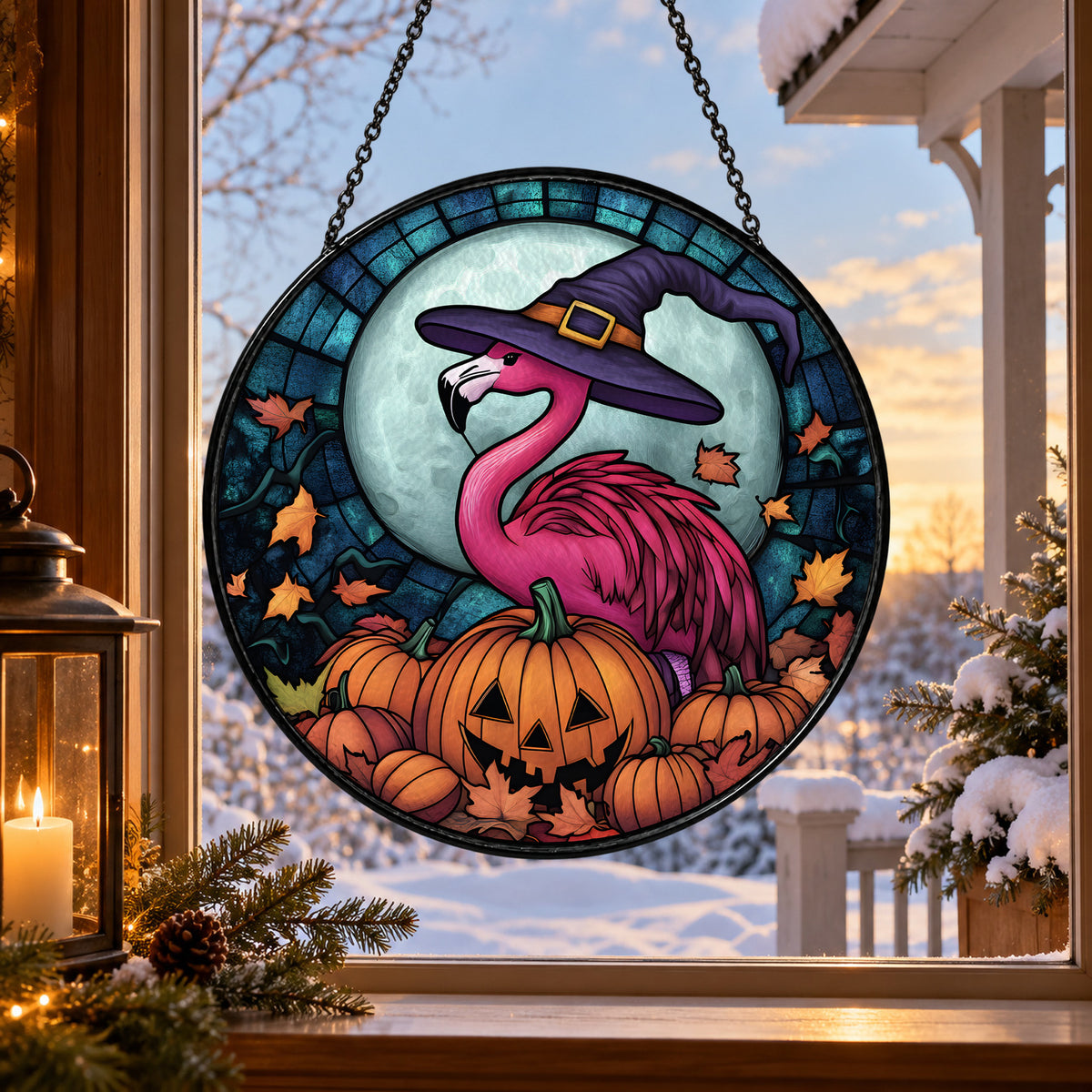 Pink Flamingo in Witch Hat with Pumpkin stained glass suncatcher window hanging – front design view