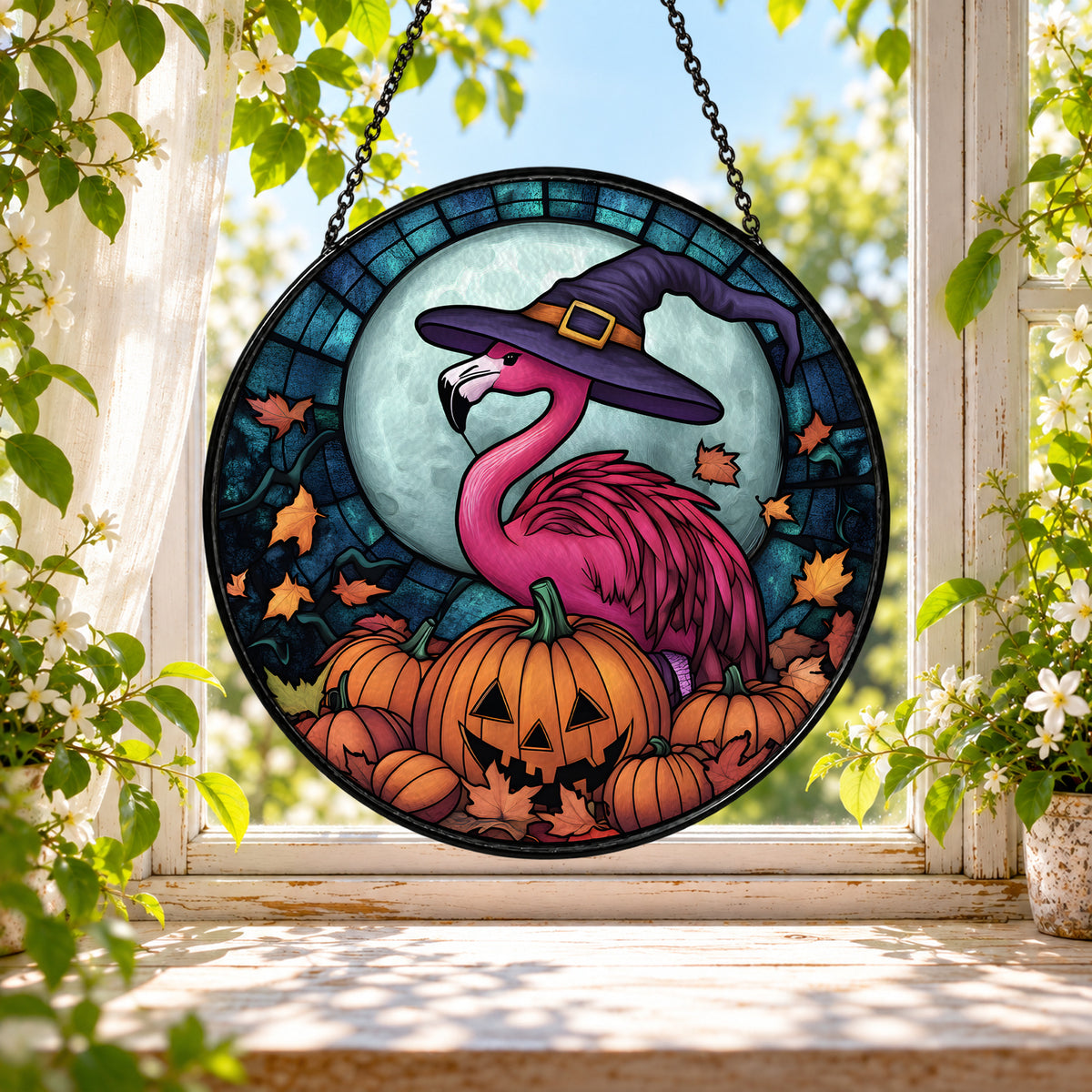 Pink Flamingo in Witch Hat with Pumpkin stained glass window suncatcher – third gallery view