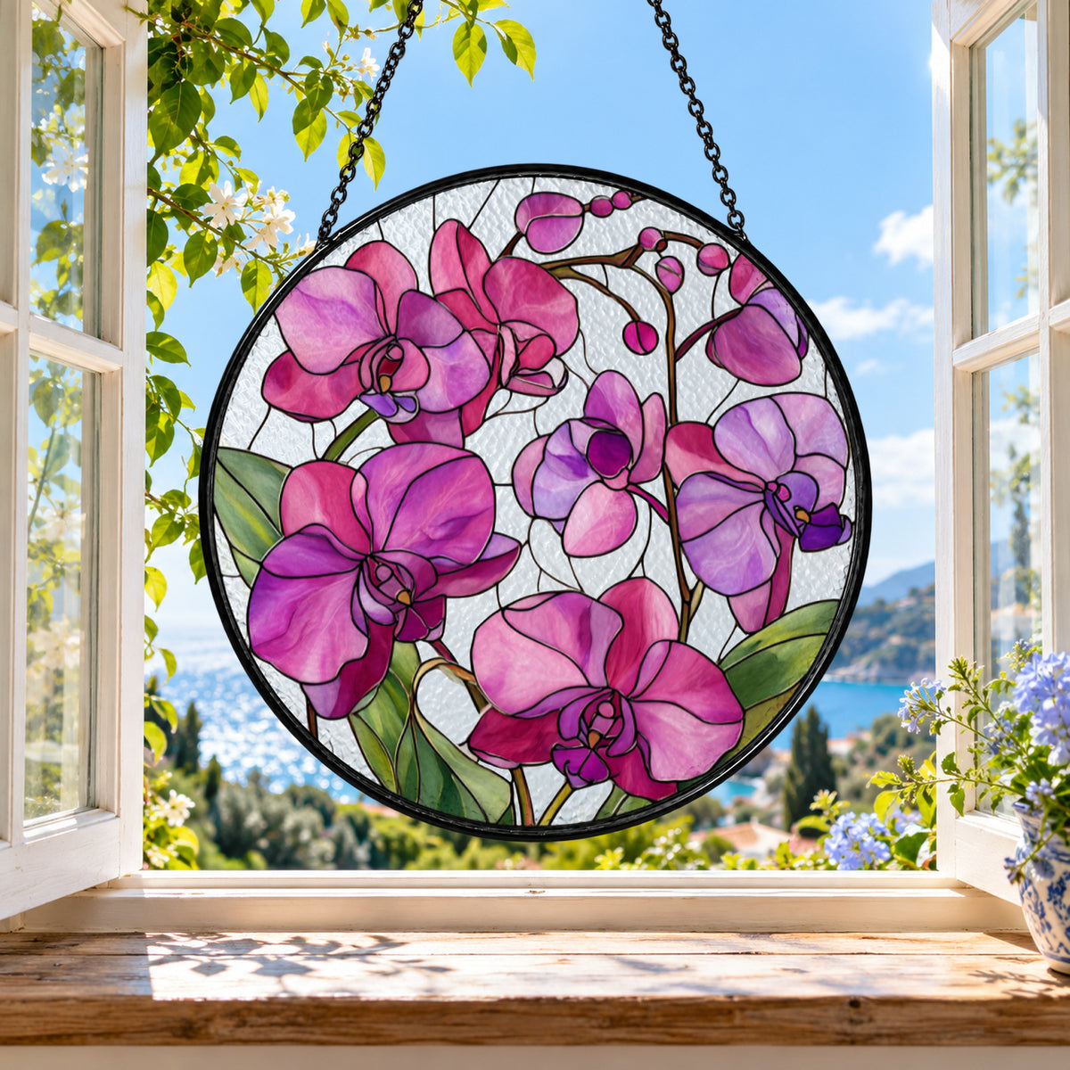 Pink Orchid Blooming Branch stained glass suncatcher window hanging – front design view
