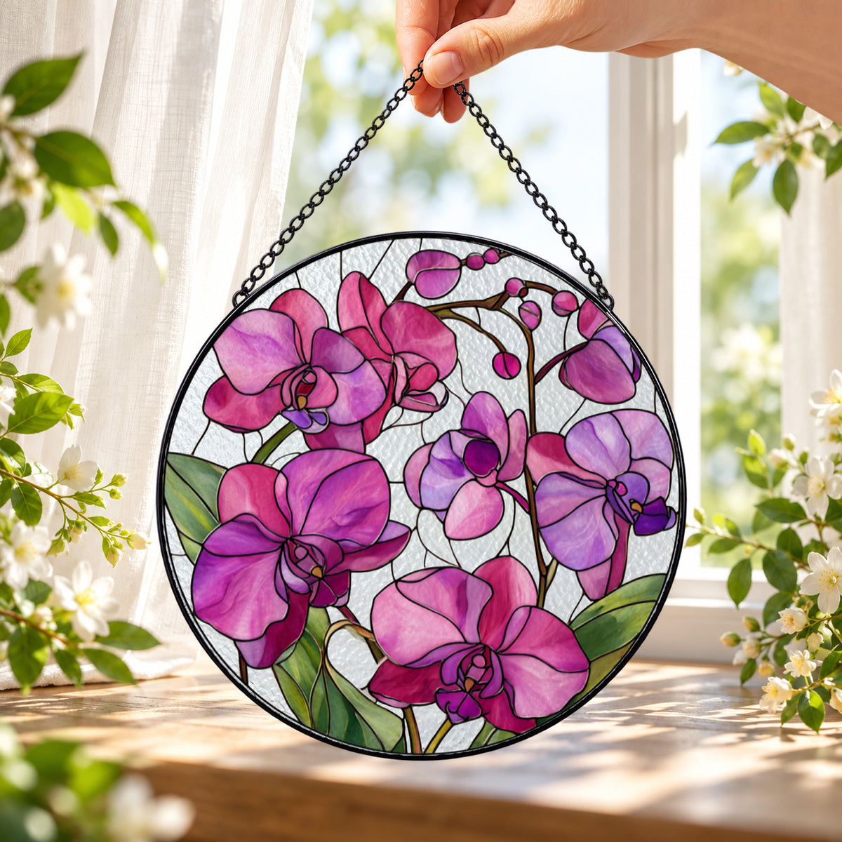 Pink Orchid Blooming Branch round stained glass window hanging – second gallery view