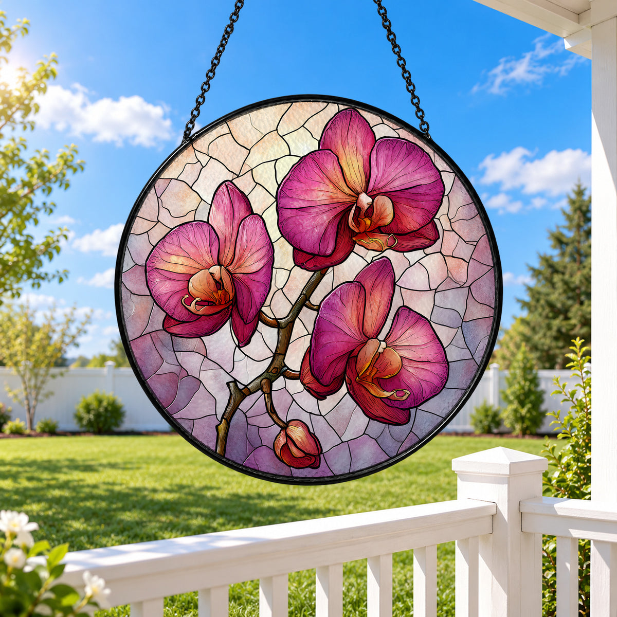 Pink Orchid Flowers on Branch stained glass window suncatcher – third gallery view