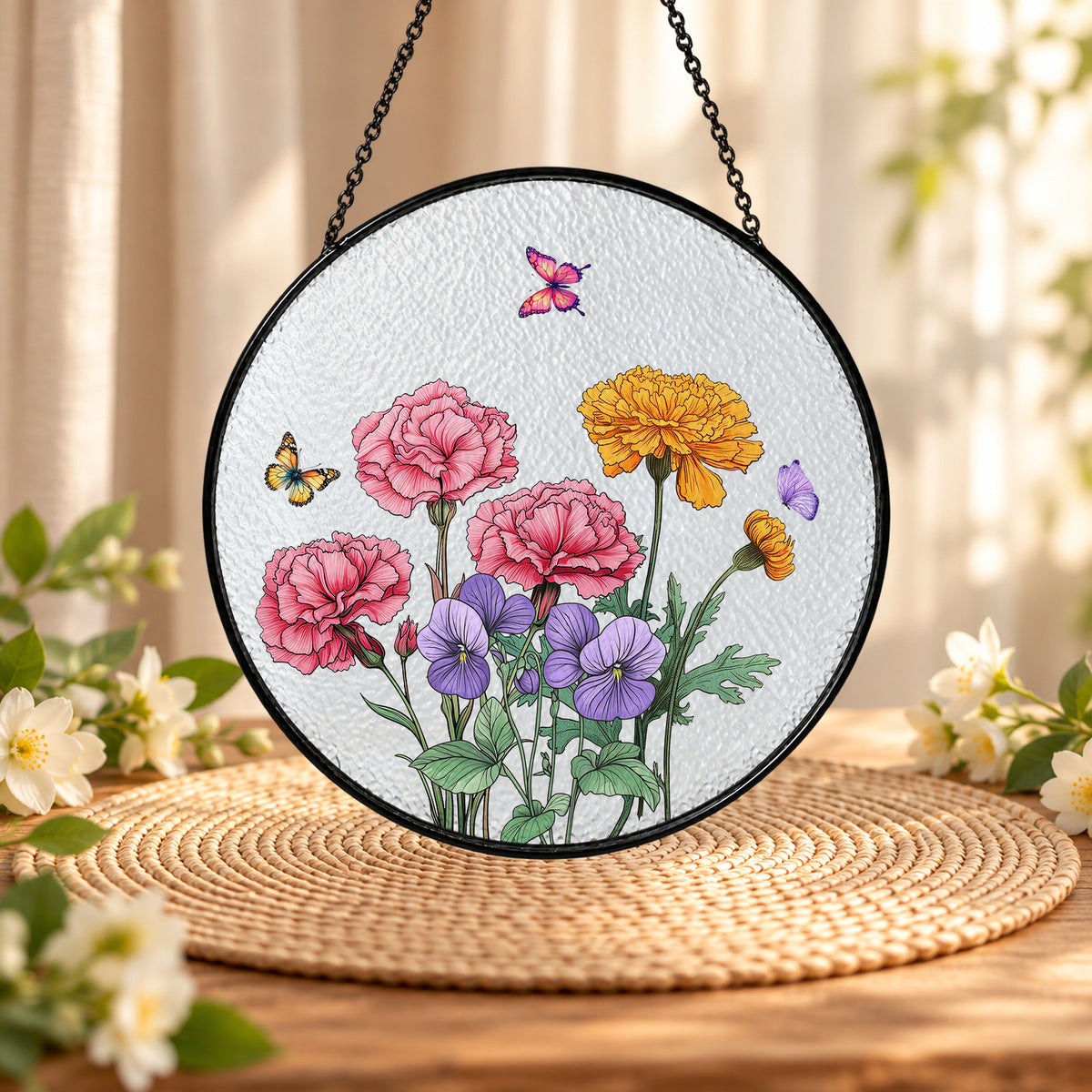 Pink Red and Yellow Spring Flowers stained glass suncatcher window hanging – front design view