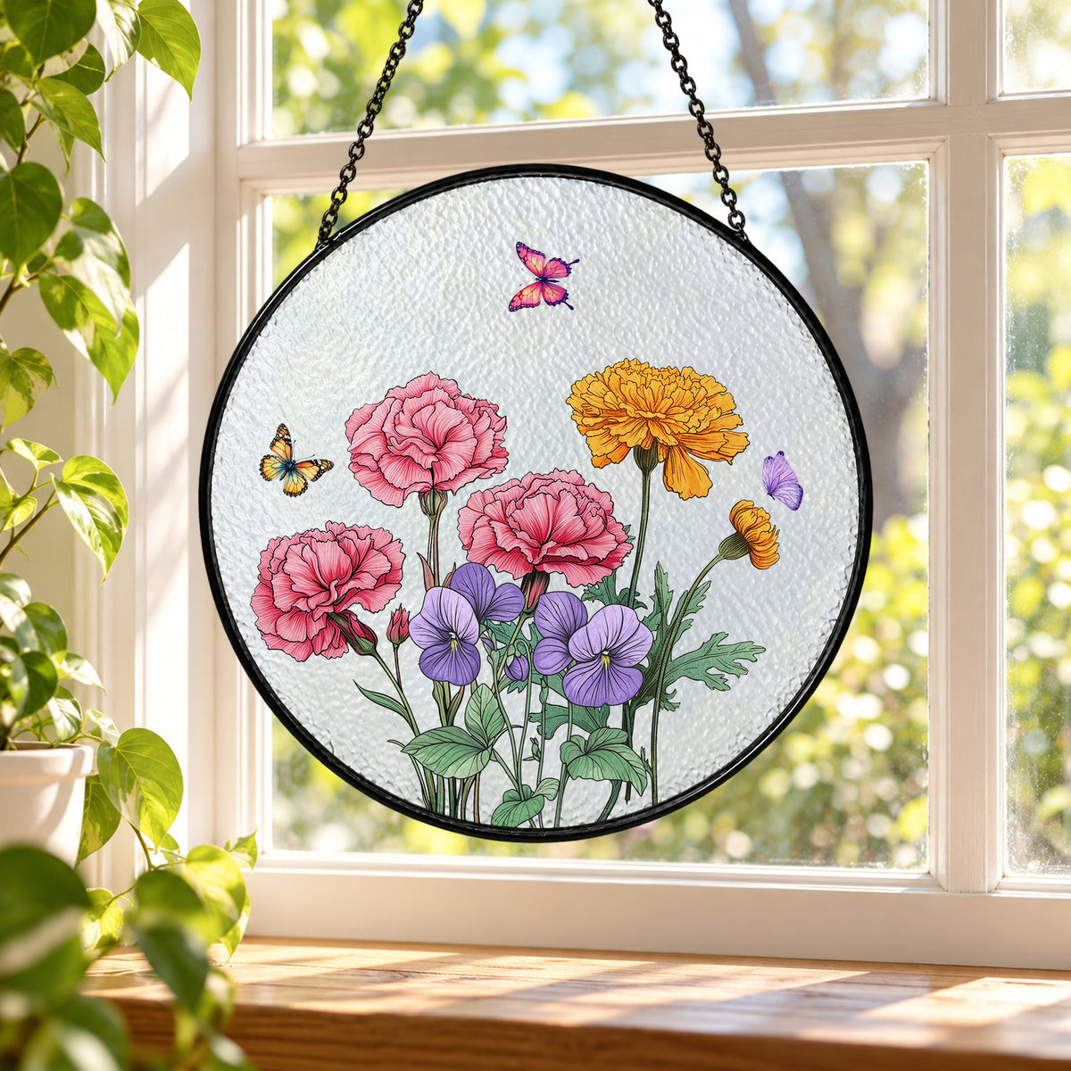 Pink Red and Yellow Spring Flowers stained glass window suncatcher – third gallery view