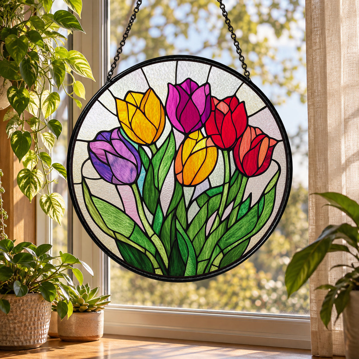 Pink Yellow and Purple Tulips stained glass suncatcher window hanging – front design view