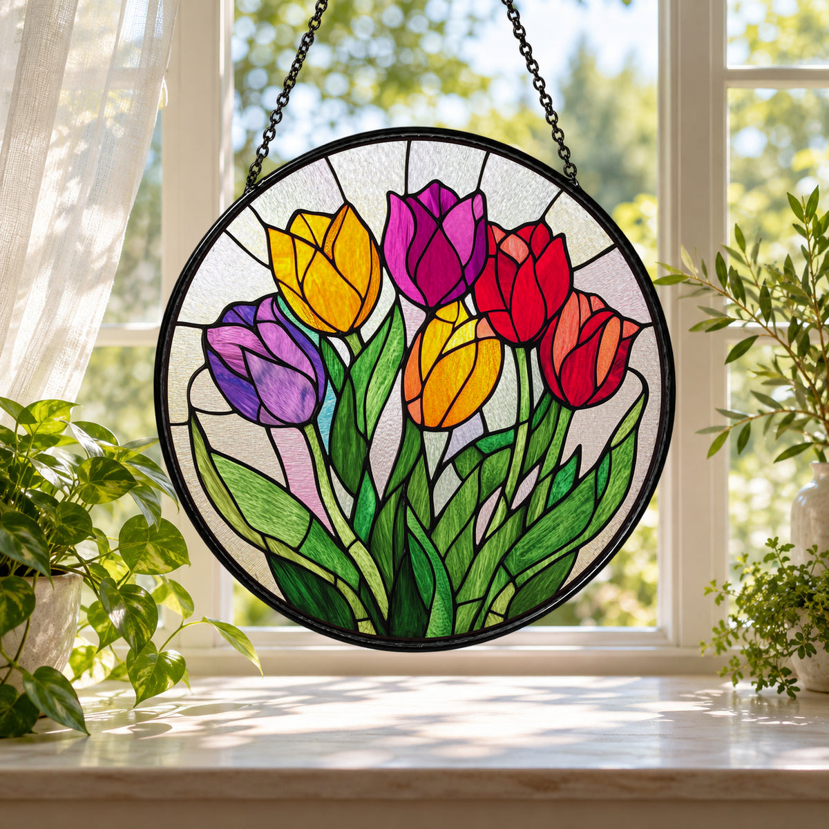 Pink Yellow and Purple Tulips stained glass window suncatcher – third gallery view